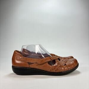 Clarks Ashland Spin Brown Leather Mary Jane Flats Sandals 65068 Women's Sz 9.5M